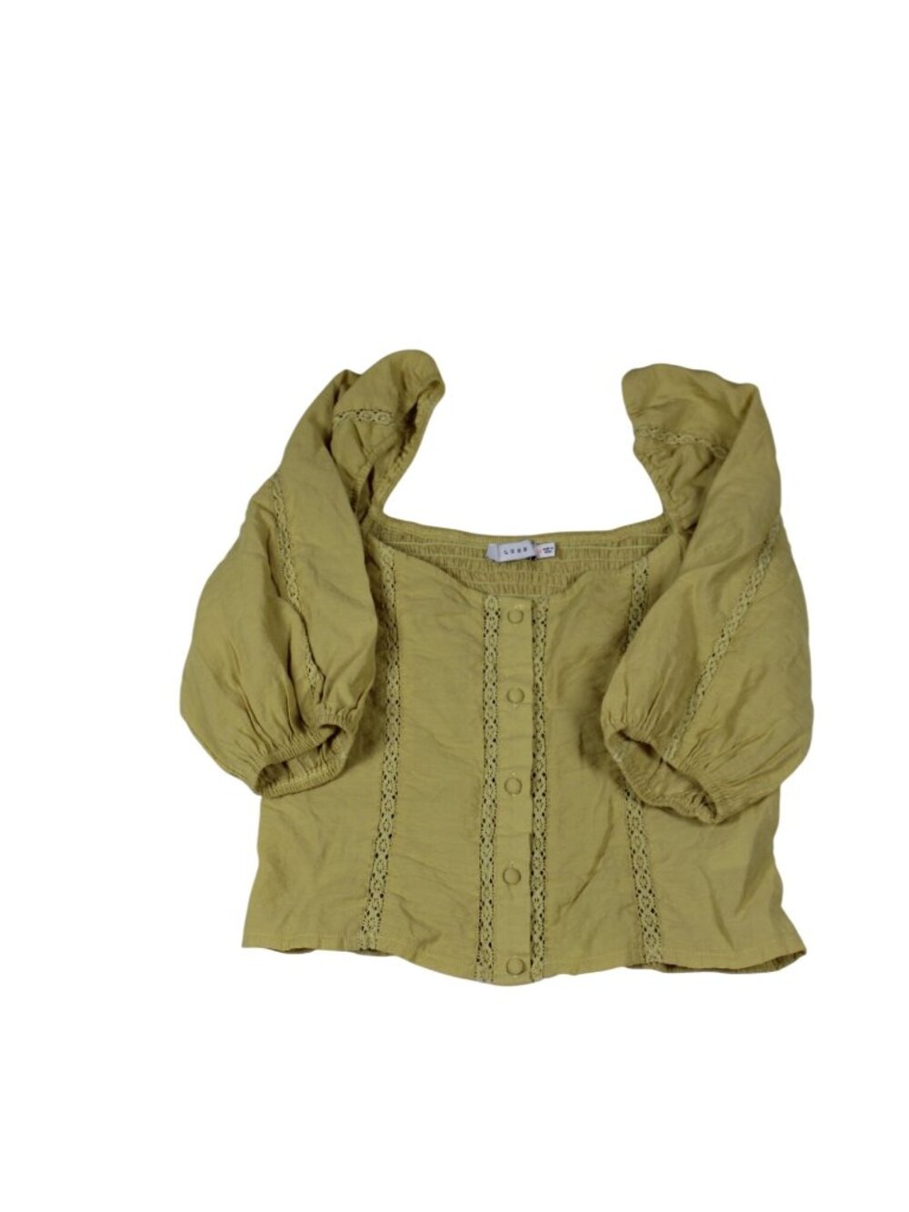 Lush Yellow Peasant Style Button-Up Top With Puff Sleeves & Lace Accents Size Me